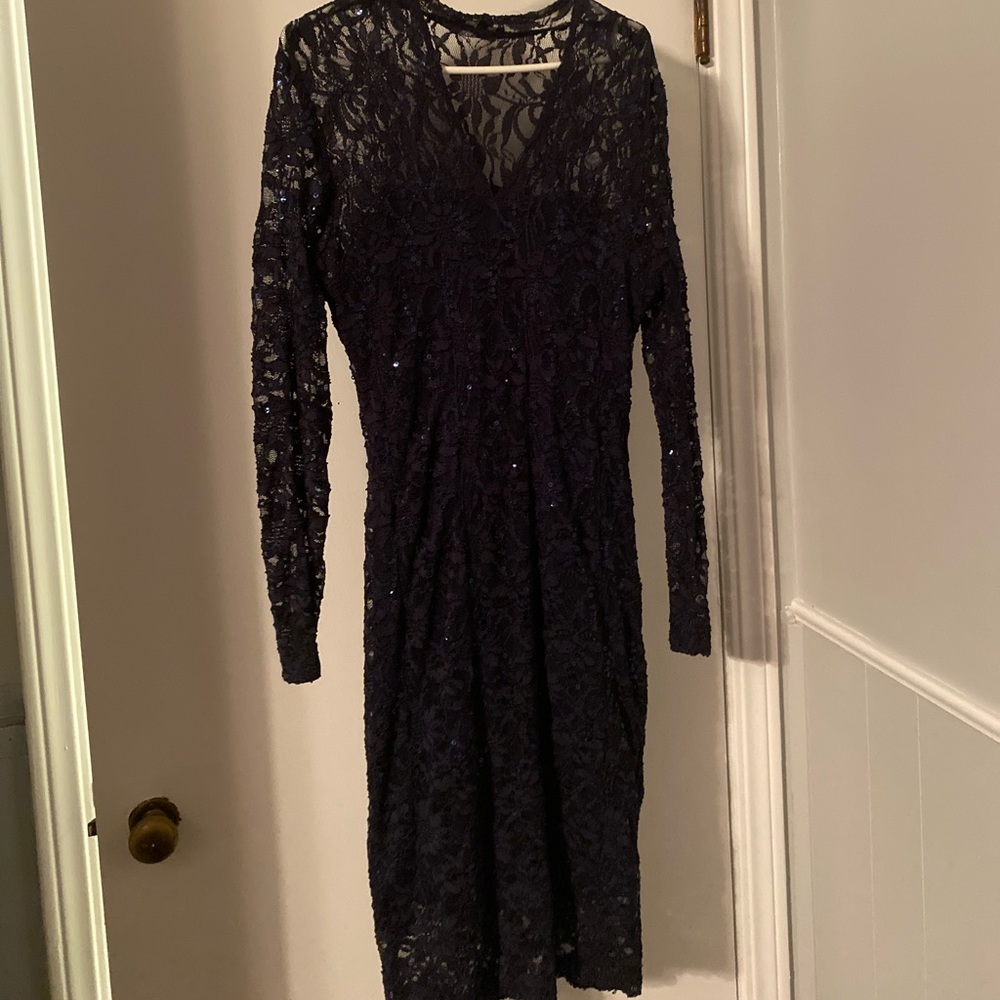 Brand:  Marina blue sequin lace round neck - 3/4 sleeve sheath dress, Size 14